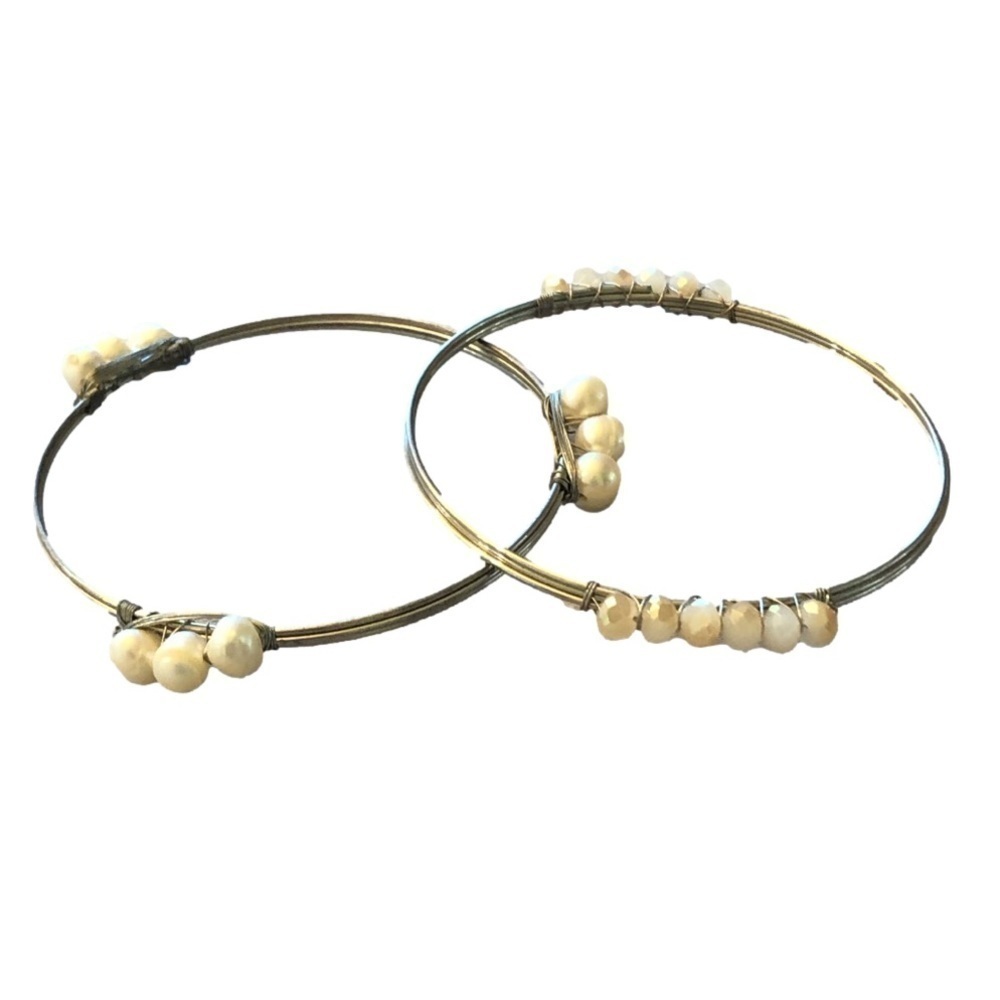 HANDCRAFTED bangle bracelets 2 silver tone wire bands faux stones and Pearls